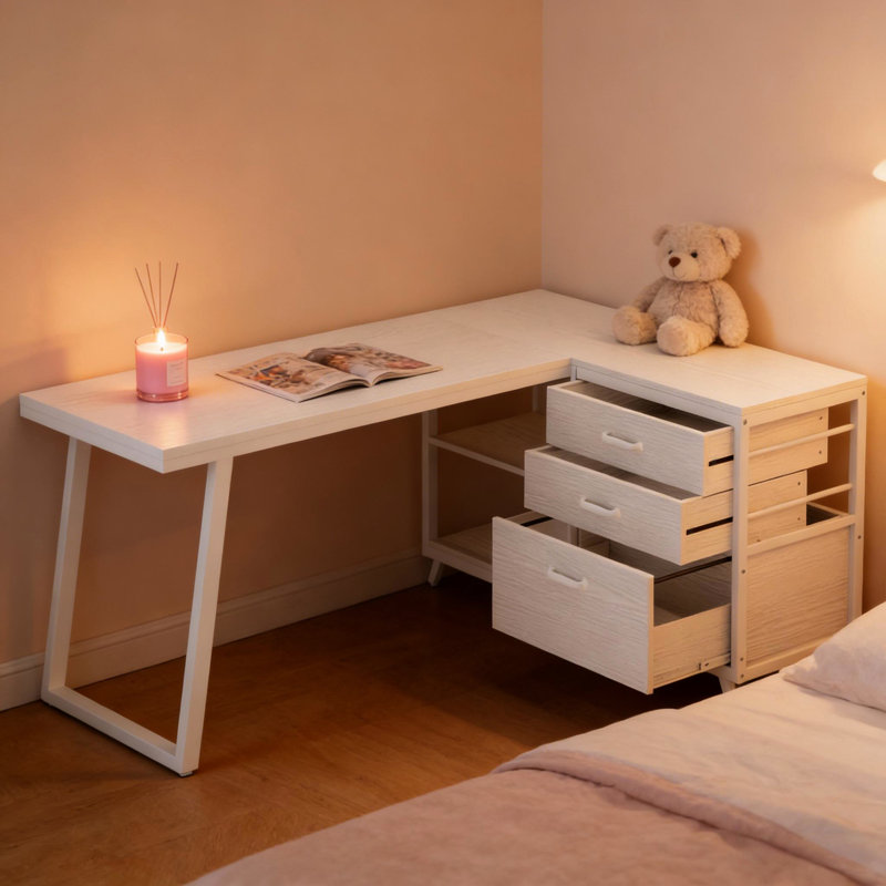 Bureau d'écriture blanc multifonctionnel en forme de L pour diverses tâches pouvant servir de table d'ordinateur, 2 petits tiroirs d'étude, 1 grand tiroir, des tablettes ouvertes pour écrire, jouer et étudier