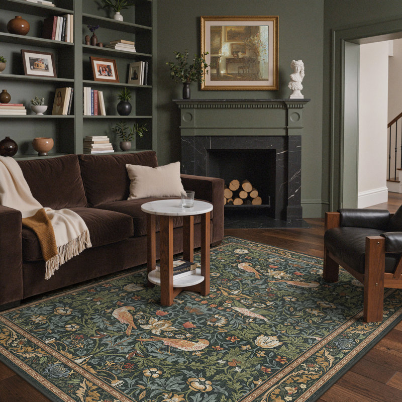  Floral Machine Washable Dark Green/Teal/Orange Indoor Area Rug With Non-Slip Backing, Rectangle 8' x 10'