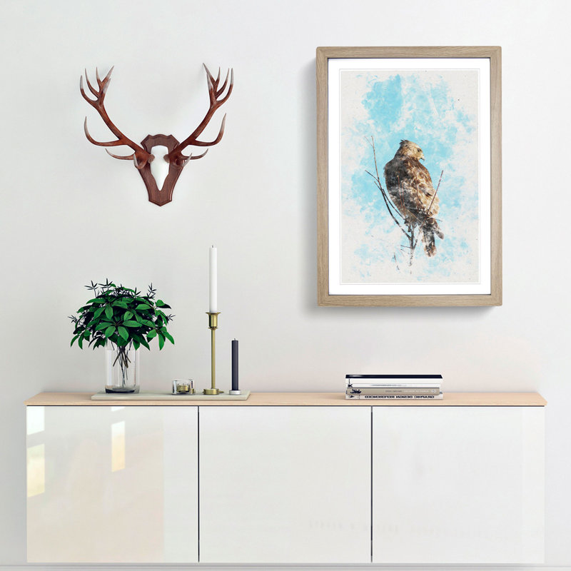 Hawk Perched In A Tree Watercolour - Picture Frame Graphic Art, 33cm H x 24cm W x 2cm D, Oak Framed
