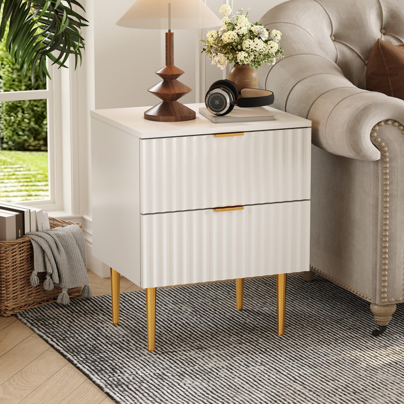 Modern Fluted Nightstand with Charging Station, 2-Drawer Bedside Table for Bedroom or Apartment, Set of 2, White