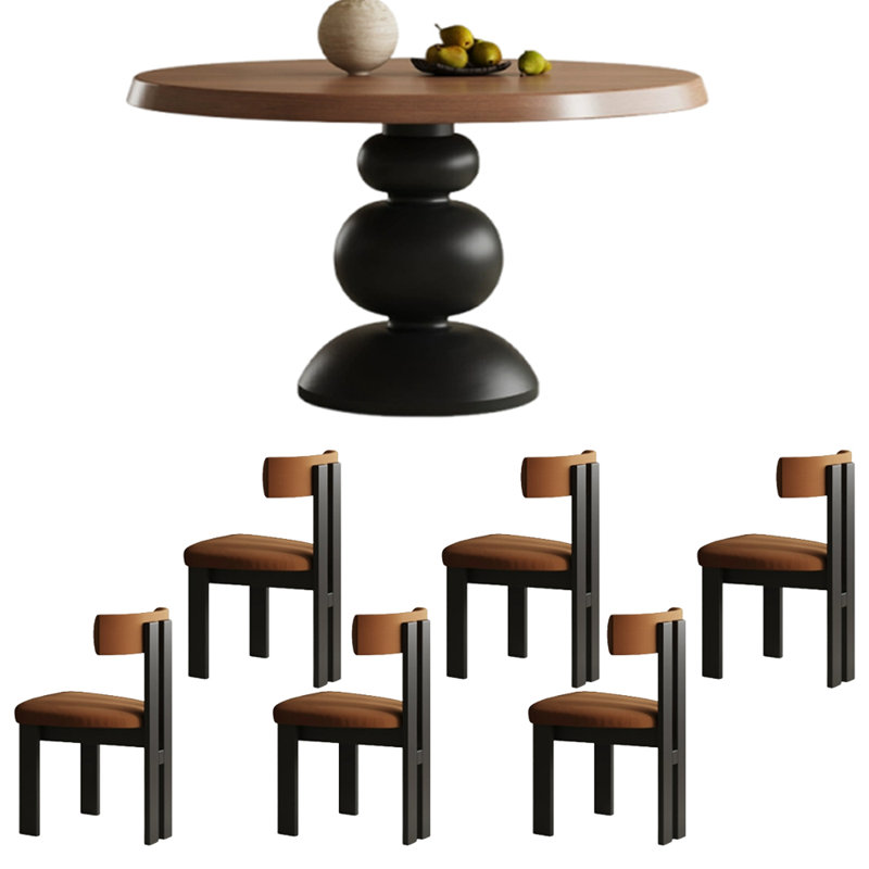 Multilayer solid board round dining table set, Brown, Brown, 29.53"H x 47.24"L x 47.24"W