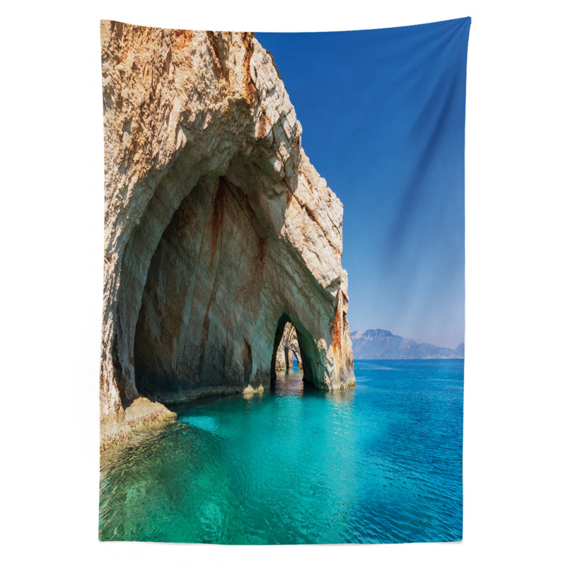 Greece Tablecloth, Sea Cave On Zakynthos Island Greece Vacation Relaxing Seascape Coastline Picture, Rectangular Table Cover For Dining Room Kitchen Decor, 52" X 70", Tan Pale Blue