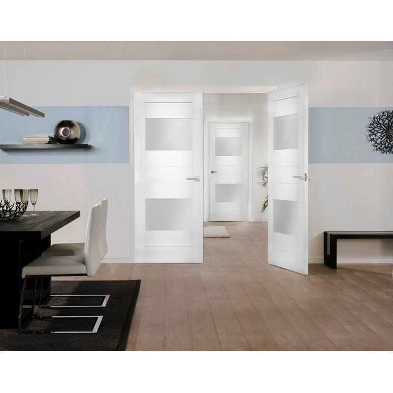 Portes doubles françaises massives en verre opaque 2 vantaux Sete 6222 Blanc Soie Bois massif Panneau Cadre Portes modernes pour placard et chambre à coucher 56" x 84" (2* 28x84)