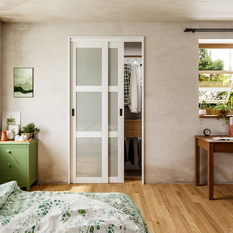 96"H Full-Assembled 3-Lite Primed Frosted Closet Sliding Doors With Hardware Kit & Handles, 48" x 96"