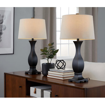 29" Contemporary Polyresin Table Lamp, Oil Rubbed Bronze Finish with Oat Linen Shade, Set of 2
