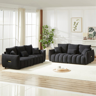 3 Seater + 3 Seater Combo Sofa Modern Living Room Sofa, Teddy Sofa, Wooden Frame, 6 Cushions, Apartment Sofa Furniture