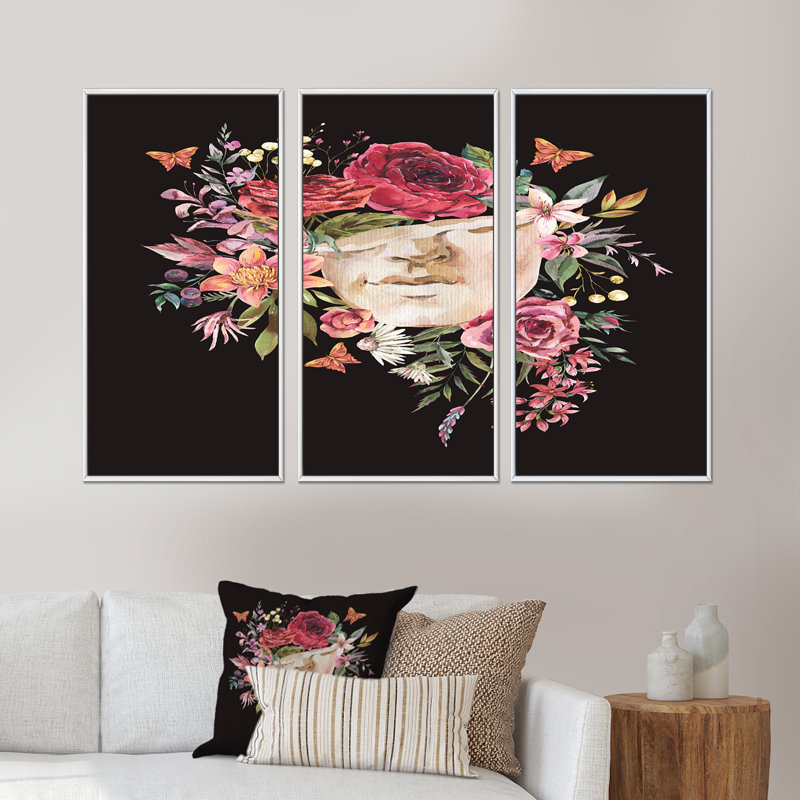 Sculpture rétro grecque avec fleurs séchées - reproduction de cadre flottant 3 pièces sur toile, H 28 po x l 36 po x P 1 po