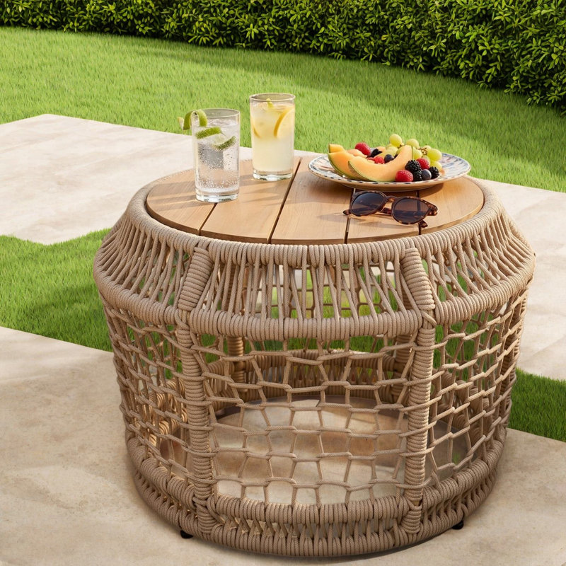 Tables de patio modernes, table d'appoint ronde en bois d'acacia et corde, 68 kg, jardin, Beige