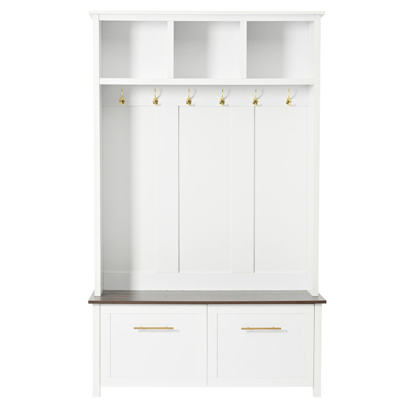 Portemanteau polyvalent 4 en 1 avec 6 crochets dorés, banc à grain de bois brun avec plusieurs espaces de rangement, portemanteau d'entrée avec 2 tiroirs pour le salon, couloir