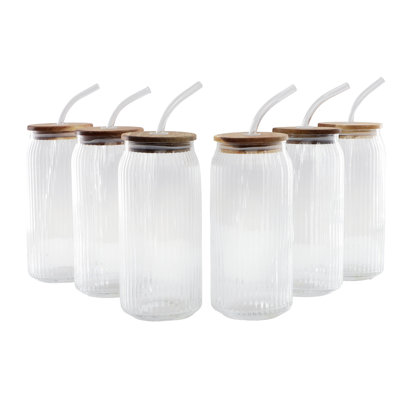 Gibson Homewares 21 Ounce 6-piece Set Handmade Glass Tumbler With Straw And Acacia Wood Lid In Clear