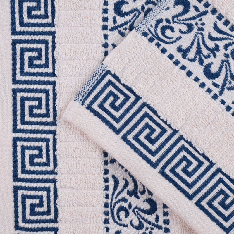 Ivory and Navy Cotton Towel Set with Greek Key Trim