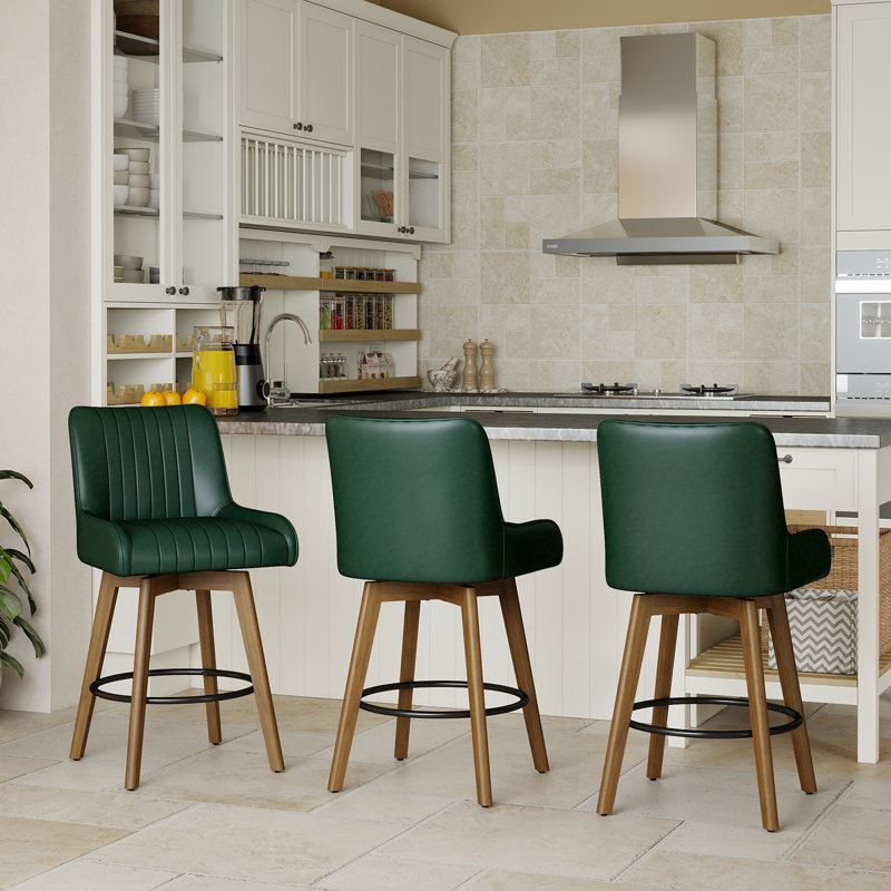 Extra-Wide 360° Swivel Bar Stool With Pocket Spring Seat & Solid Wood Base, Green