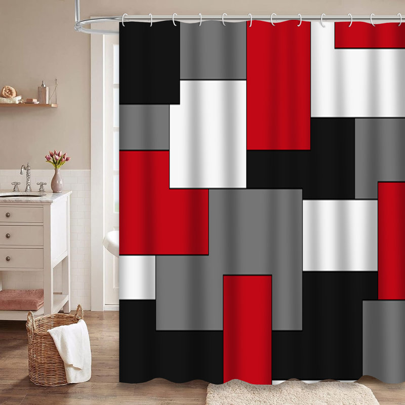 Rideau de douche rouge à motif abstrait géométrique coloré avec 12 crochets, L 72 po x l 78 po