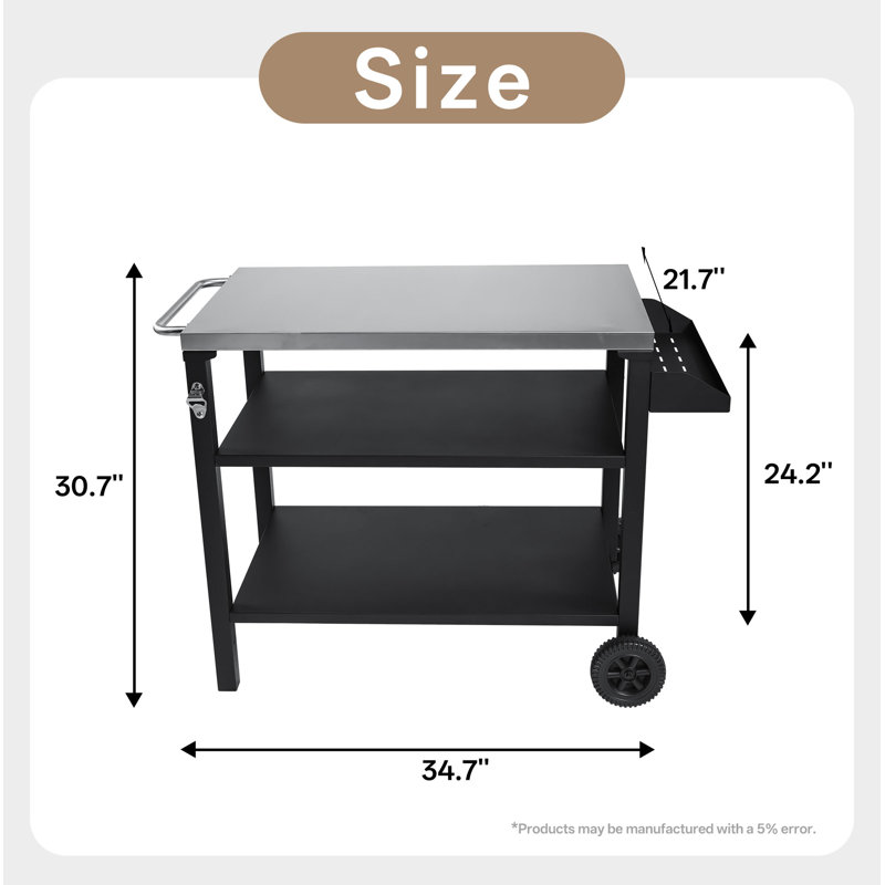 3-Tier Outdoor Grill Cart With Stainless Steel Top & Side Shelf, Movable BBQ Prep Table With Wheels, Rolling Serving Bar Cart For Patio, Backyard, Pizza Oven Stand, Black