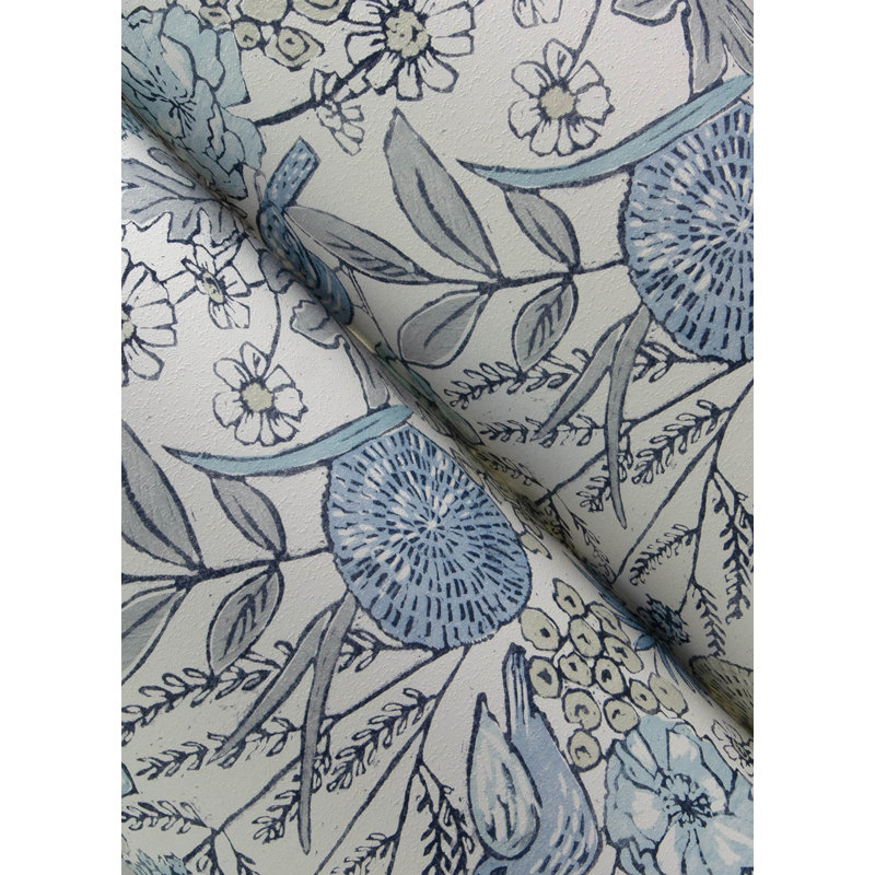 Papier peint chardonneret turquoise oiseaux et fleurs, Bleu