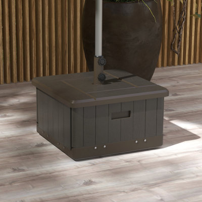 Base de parasol d'extérieur avec 31 fonctions, table basse, bac à fleurs, 175 lb, brun, roulettes pour base de table à simple mouvement, pot à fleurs, capacité de poids, utilisation du patio
