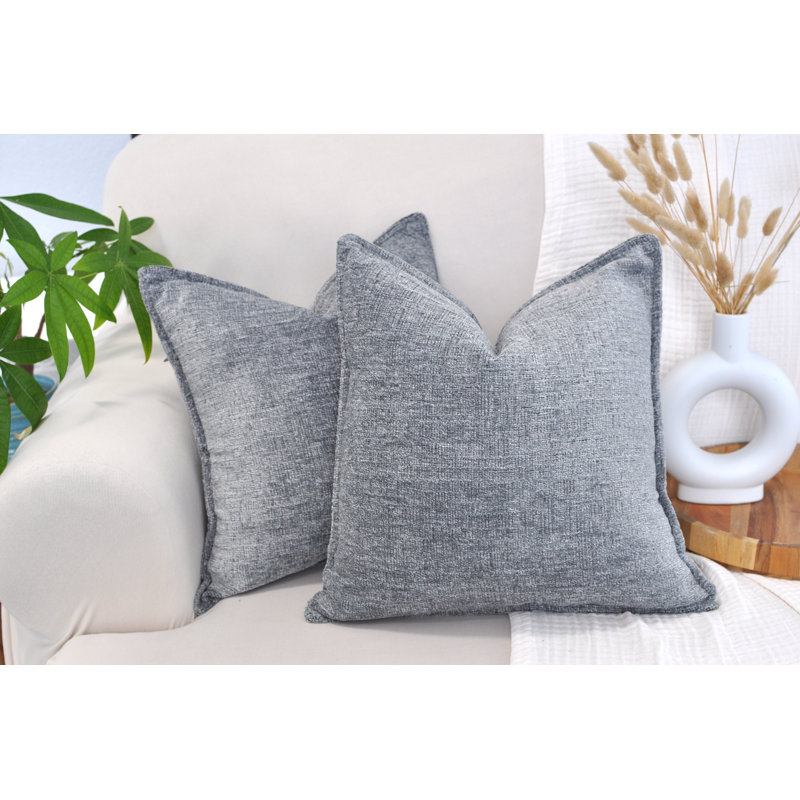 Gray Chenille Square Throw Pillow Covers with Piped Edges, Set of 2