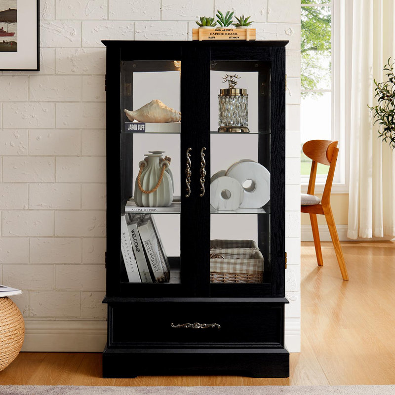 Lighted Glass Curio Cabinet With Adjustable Shelves - Elegant 2-Door Display Cabinet & Built-In Drawer, Includes Bulb - BLACK