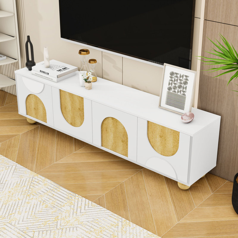Meuble télé avec trous pour câbles et 5 pieds en bois, Blanc