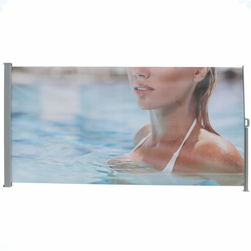 Auvent latéral rétractable 71 po x 138 po, semi-transparent avec impression UV, UPF50 +, idéal pour bloquer la poussière, le soleil et le vent, créant un espace privé pour le jardin, le balcon et la piscine.