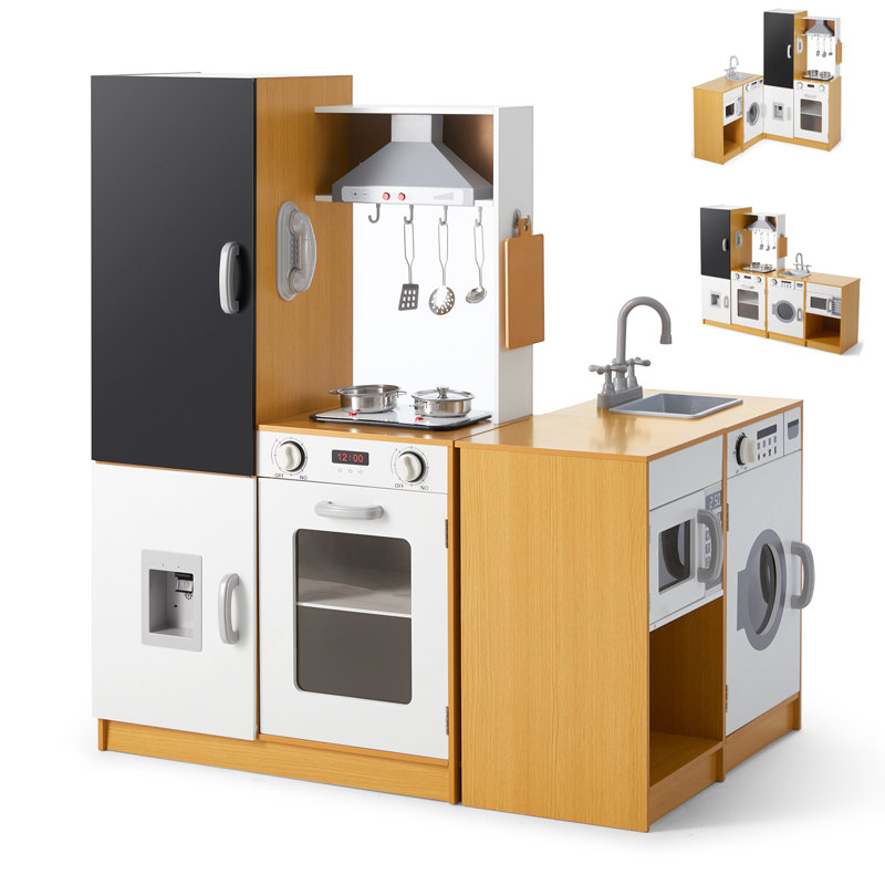 Beige and White Wooden Kids Play Kitchen Set with Real Sound and Light