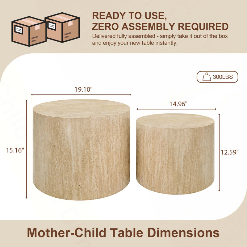 Ensemble de 2 tables basses gigognes, table basse ronde moderne avec pieds antidérapants, table d'appoint en bois pour salon, chambre à coucher, bureau, balcon, terrasse, petit espace, sans assemblage