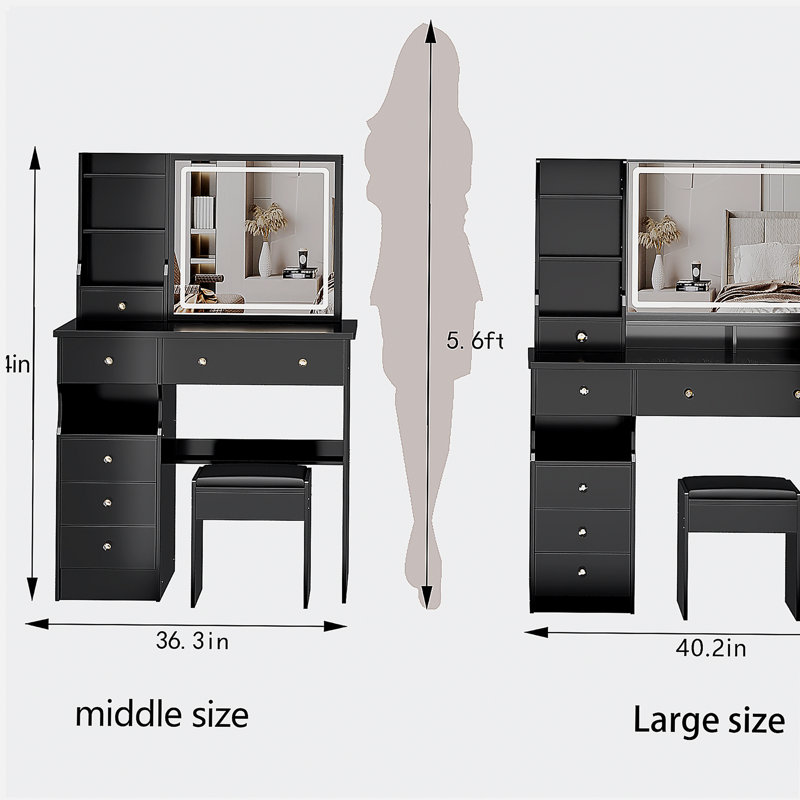 41" Large Size Left Drawer Desktop Vanity Table+Cushioned Stool, Extra Large Touch Control LED Mirror, 3-color Switch, Multi Layer High Capacity Storage Fashionable Dresser, Suitable For Large Space