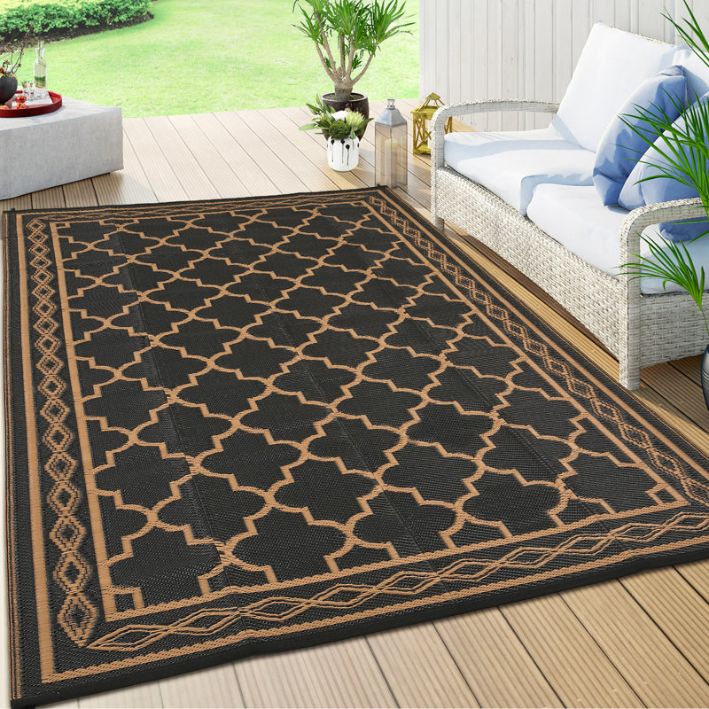 Tapis d'extérieur marocain en plastique paille imperméable et moderne pour le jardin, Noir / brun, Rectangle 18 pi x 9 pi
