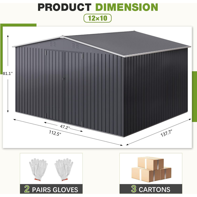 12 ft. W x 10 ft. D Outdoor Metal Shed Storage with Reinforced Steel Frame and Lockable Doors, Black
