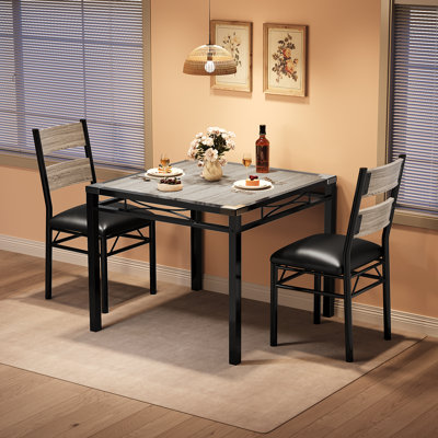 Space-Saving Dining Table Set for 2 – Compact Wood Table & 2 Upholstered Chairs with Corner Protectors – Modern Bistro Furniture for Apartment or Breakfast Nook – Vintage Gray
