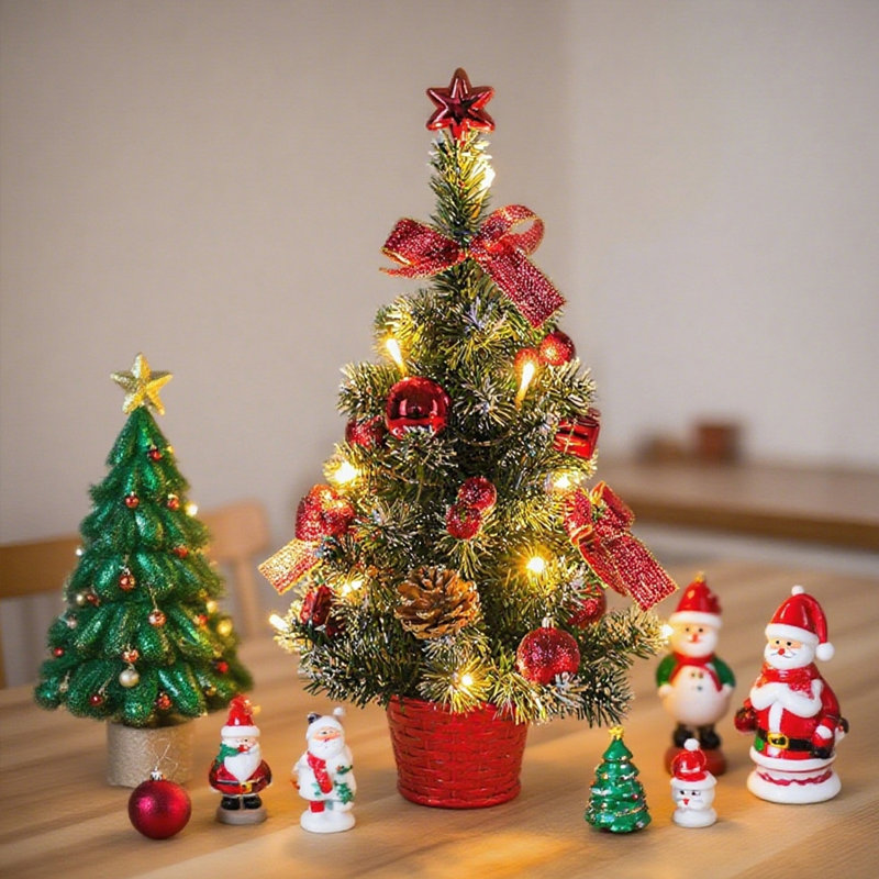 Petit arbre de Noël de 45 cm avec lumières, mini arbre de décoration de bureau avec sommet d'arbre en forme d'étoile, boules, arcs, pommes de pin pour bureau à domicile, bar, décorations de Noël