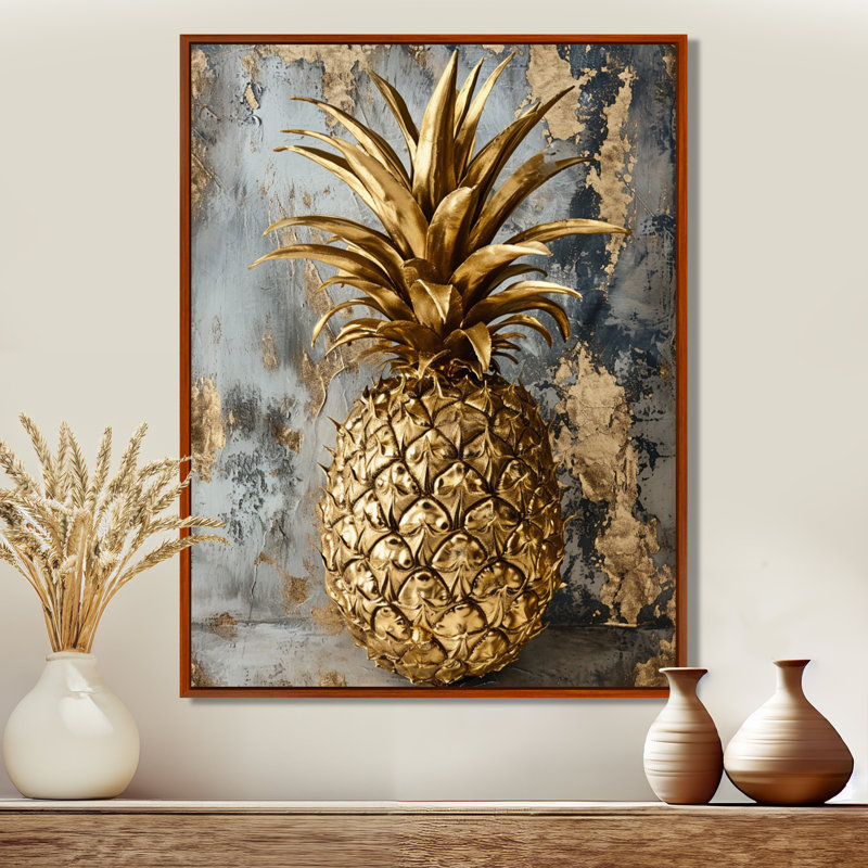 Golden Glam Pineapple - Ananas, art mural, Toile avec cadre flottant brun, H 40 po x l 30 po x P 1,5 po