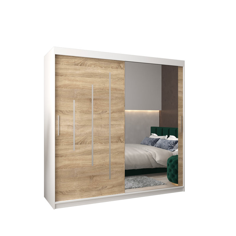 Natalie 2 Door Manufactured Wood Wardrobe, 200 cm H x 200 cm W x 62 cm D, Matt white/Sonoma oak