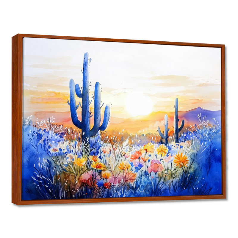 Cactus désert au coucher du soleil - impression murale de cactus floral, H 34 po x l 44 po, Cadre flottant sans passe-partout