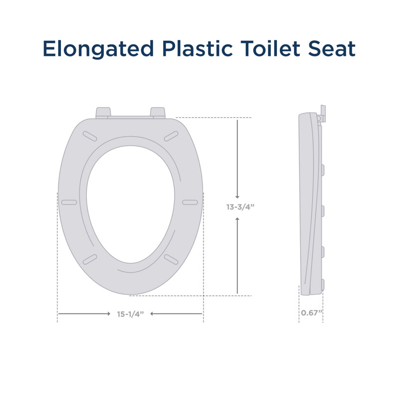 Siège de toilette allongé à fermeture lente avec charnières réglables et retrait facile en plastique blanc moulé, taille standard