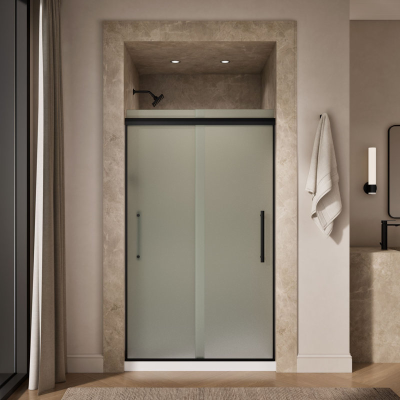 Pleat Frameless Sliding Shower Door, 79-1/16 In. H X 44-5/8 - 47-5/8 In. W, With 5/16 In. Thick Crystal Clear Glass, Black