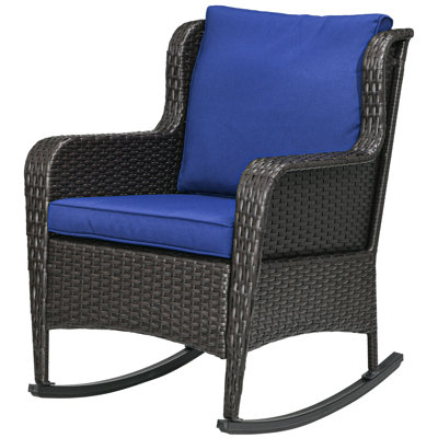Chaise berçante d'extérieur en osier, chaise berçante en rotin avec coussins, structure en acier pour patio, jardin, cour arrière, bleu foncé