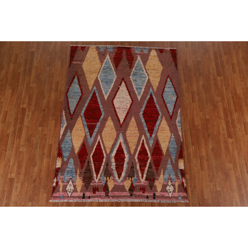 Tapis rose en laine noué à la main de conception unique 5 pi x 7 pi 9 po New Age