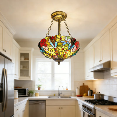 Lustre 2 lumières en verre coloré Tiffany avec ampoules incluses