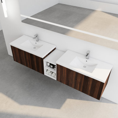Meuble-lavabo de 84 po avec lavabo en résine, surface d'entretien facile et armoire de rangement moderne de 84 po