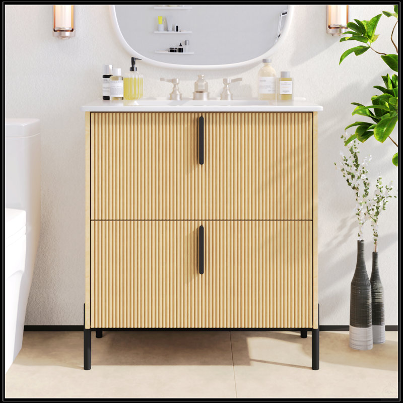Meuble-lavabo de 30 pouces avec lavabo en céramique, tiroirs pleine extension, glissières à fermeture en douceur, conception cannelée