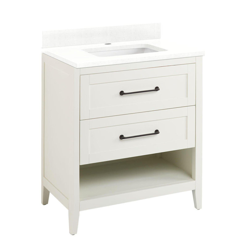 Ensemble de meuble-lavabo simple 30 po avec lavabo encastré rectangulaire Burfield, Quartz blanc plume, Blanc