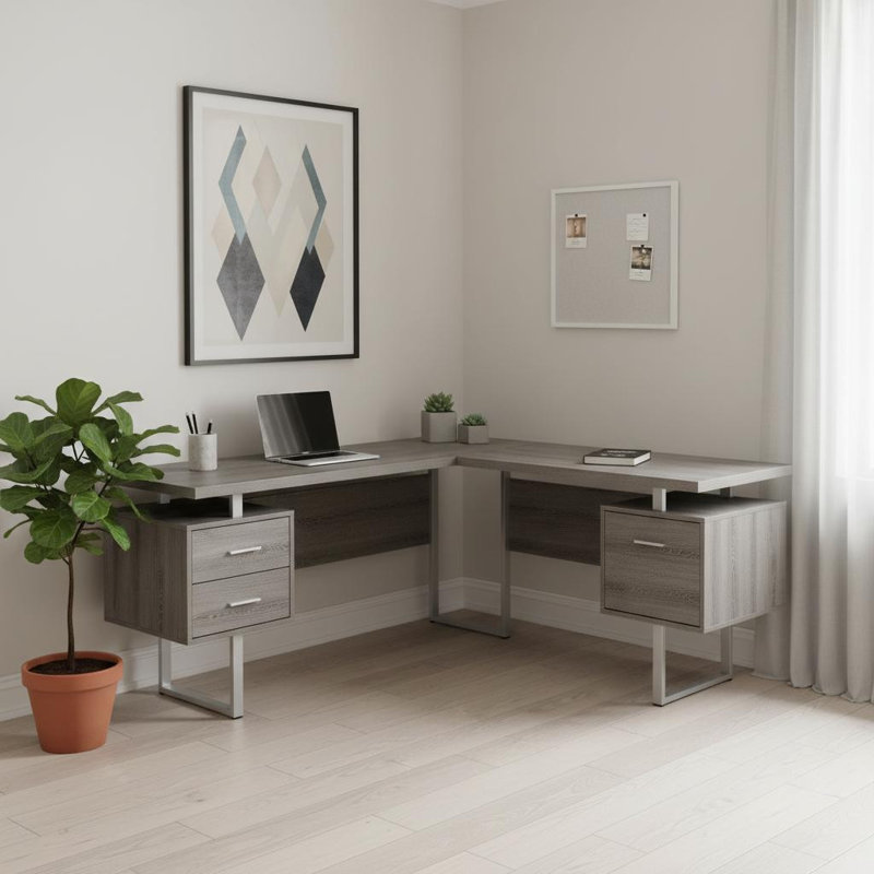 Bureau d'ordinateur en L 71 po avec trois tiroirs en taupe et argent