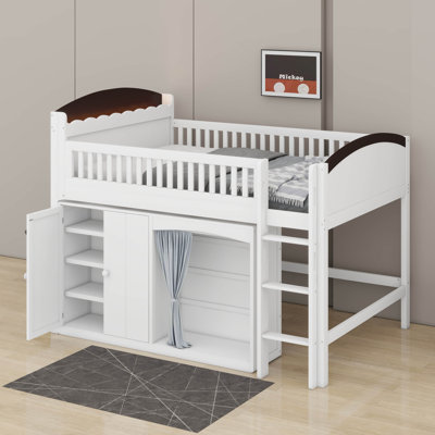 Lit mezzanine en bois avec tête de lit à DEL et garde-robe et armoire de rangement, cadre de lit mezzanine avec garde-corps de sécurité