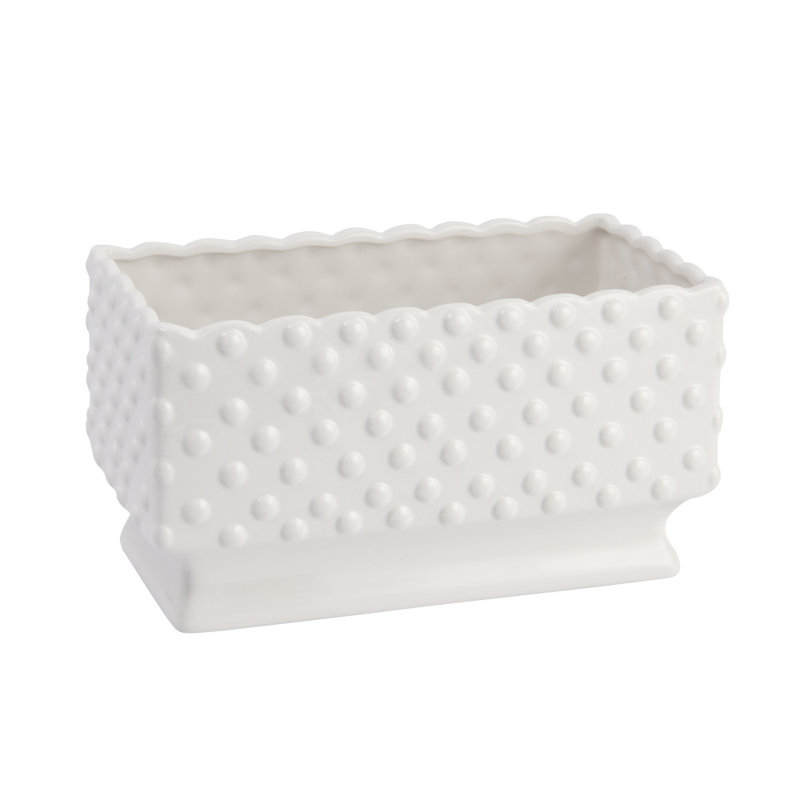 Pot à fleurs en céramique avec bordure festonnée et pois, Blanc