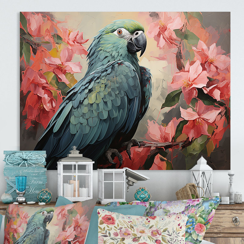 Bleu et rose perroquet paradis I - art mural en métal perroquet, H 30 po x l 40 po x P 1,5 po