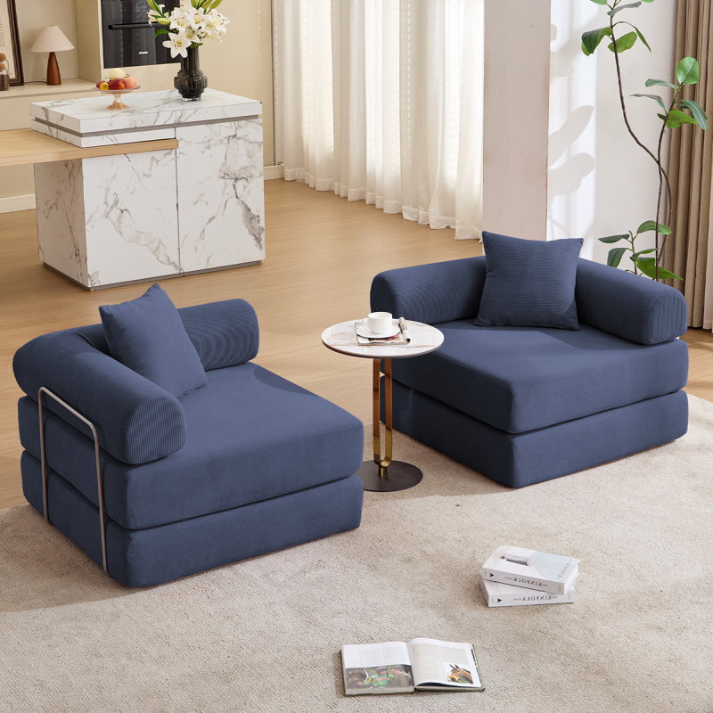 Modular Couch Sofa Bed For Apartment,Convertible Sofa Bed,Fixed-Shape Frame & Removable Armrests,Folding Mattress Couch For Small Spaces ,No Assembly ,Corduroy,Blue