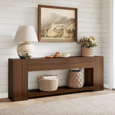 Extra Long Console Table with Open Shelf 86-Inch, Walnut Brown