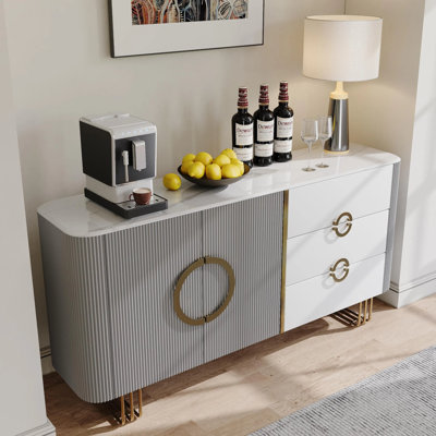 Armoire de rangement moderne 63 po avec plateau en pierre frittée, buffet avec tiroirs, crédence pour salle à manger et salon, blanc et gris