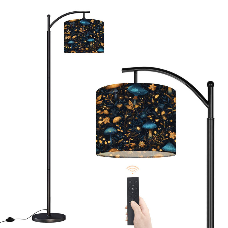 Lampe sur pied à arc avec abat-jour ajustable champignon or bleu, floral, lampe sur pied rougeoyante foncée, 3 couleurs, intensité variable, grand mât avec interrupteur au pied pour la chambre à coucher